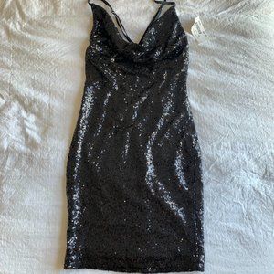 Black Sequin Cowl Neck Mini Dress